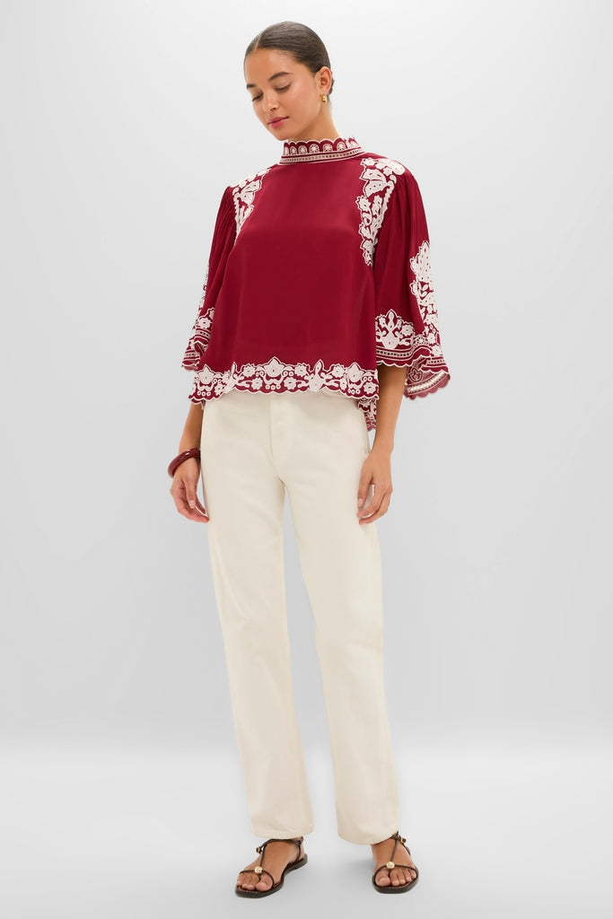 Burgundy Bicolor Palm Tree Embroidery Blouse