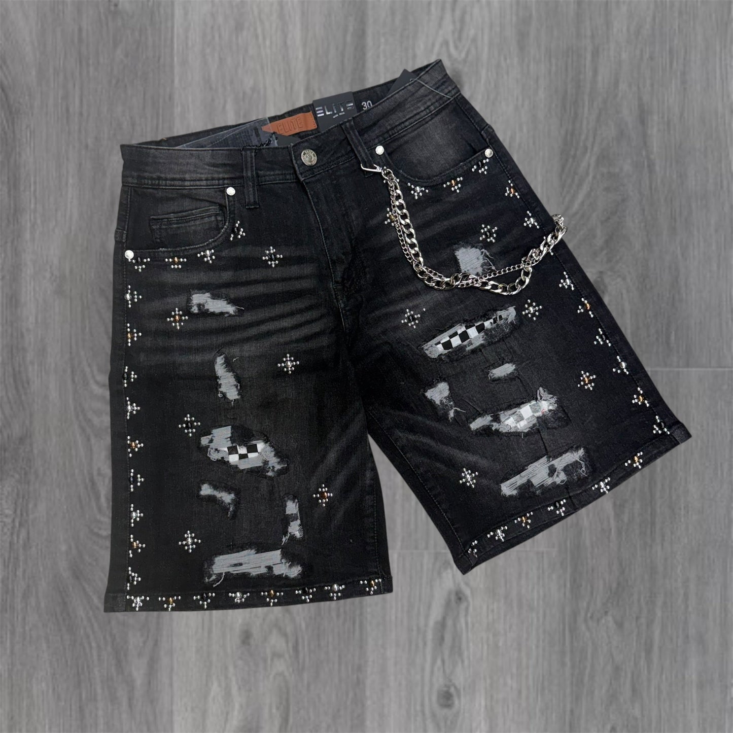 Elite - Faded Embellish Denim Shorts - Black Wash 19483