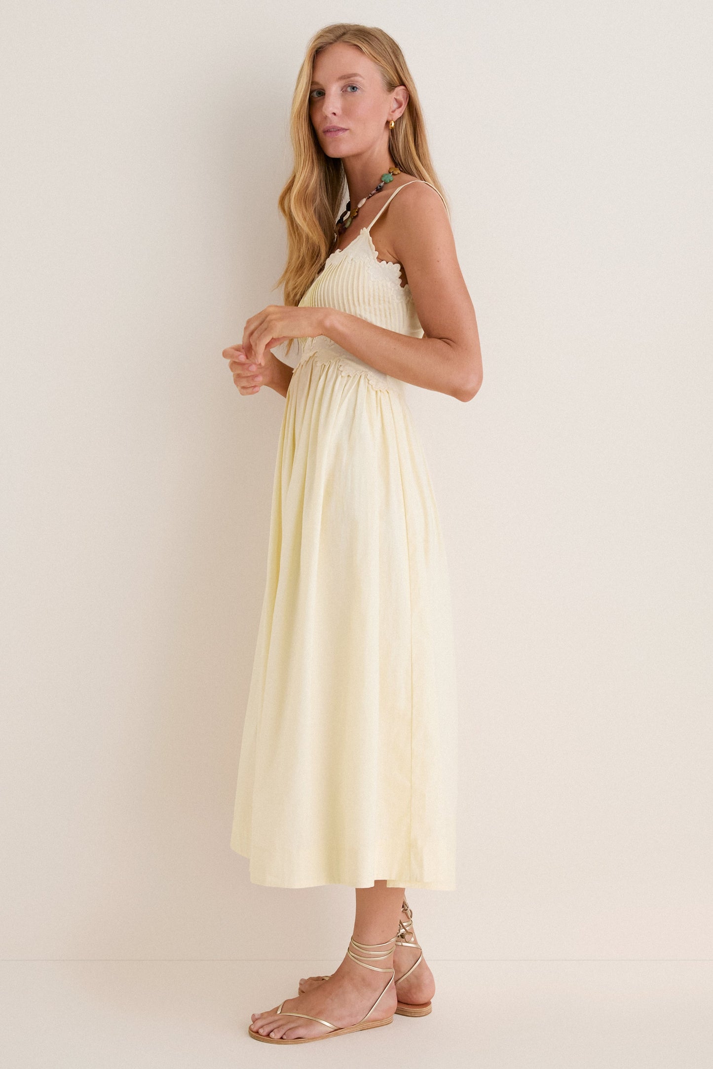 Butter Yellow Embroidered Cotton Midi Dress