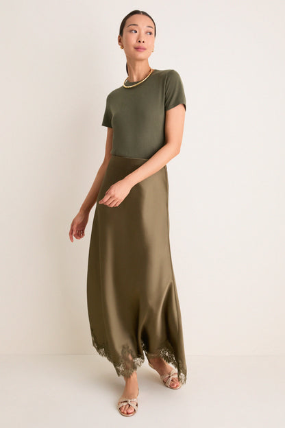 Burnt Olive Satin Mischa Slip Skirt
