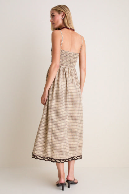 Brown Multi Embroidered Plaid Midi Dress