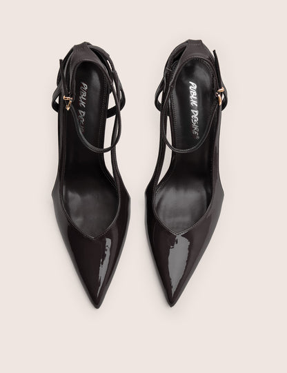 Allegedly Black Patent Cut Out Detail Ankle Strap Court Shoes