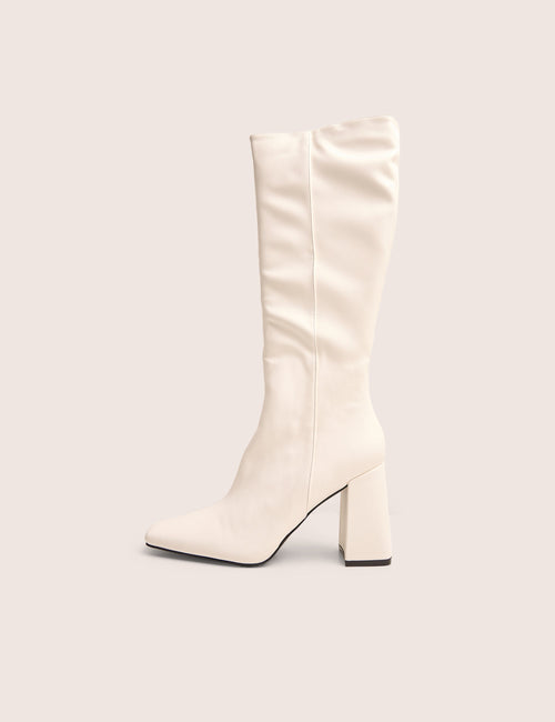 Apology White Pu Knee High Block Heel Boots