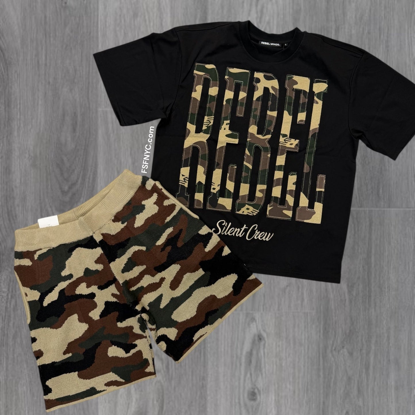 Rebel - Silent Sweater Shorts Set - Black Camo - 124 924