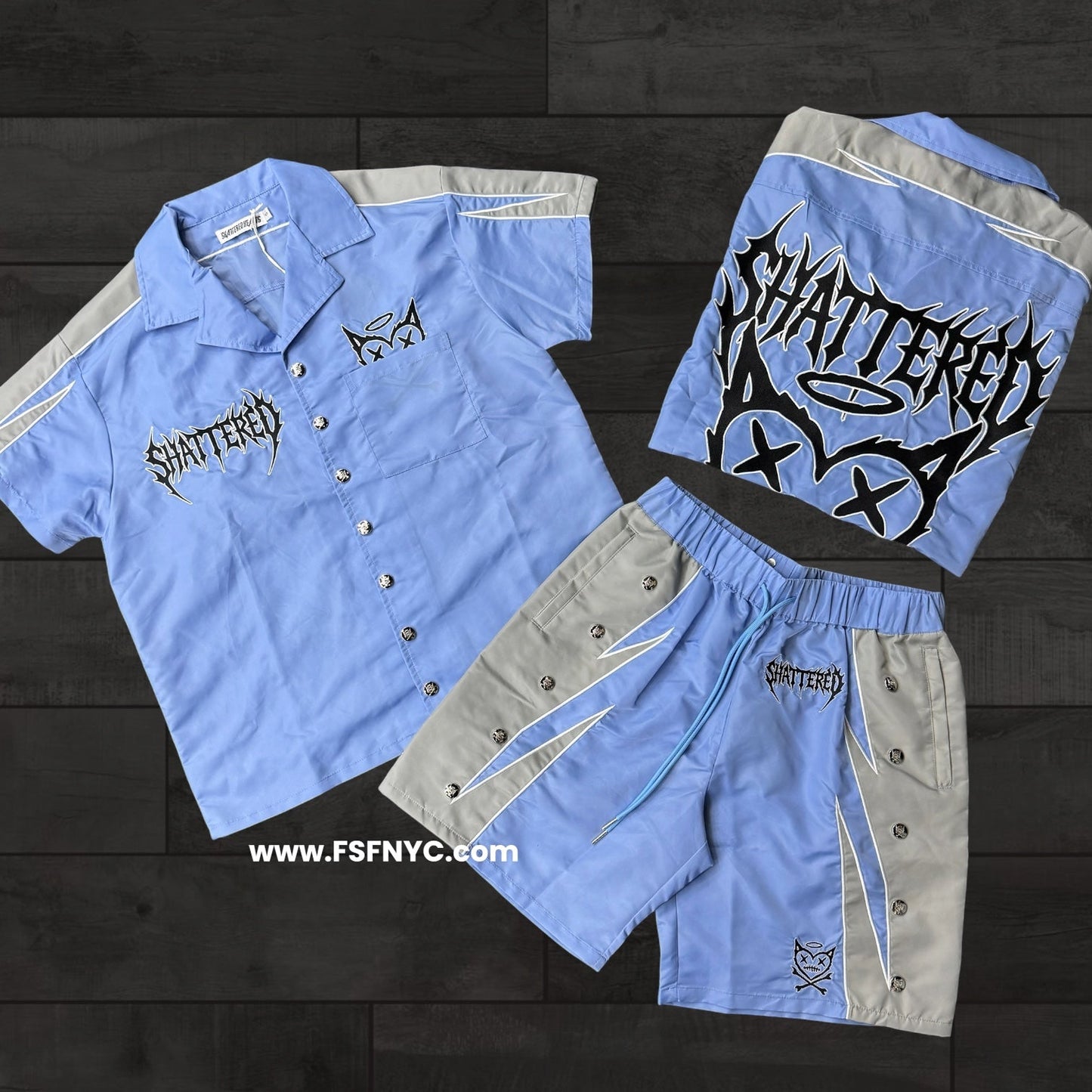 Shattered- Nylon Short Set - Sky Blue / Grey -