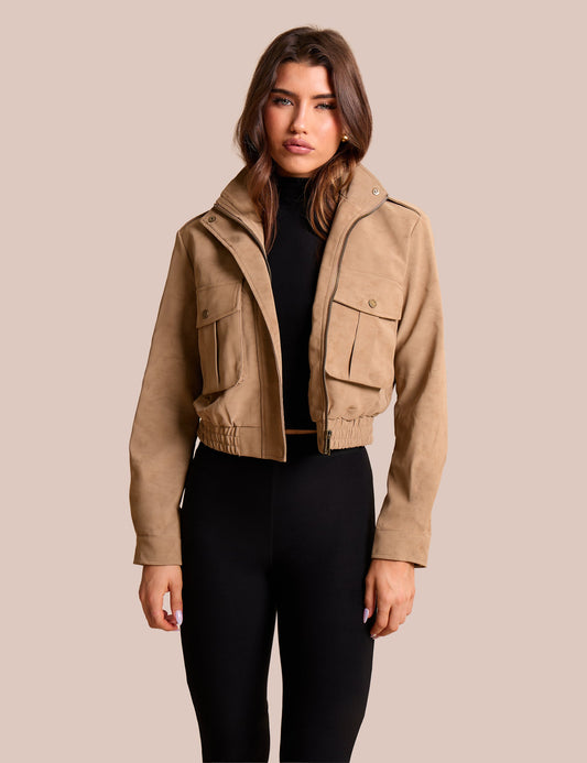 Faux Suede Cropped Bomber Jacket Beige