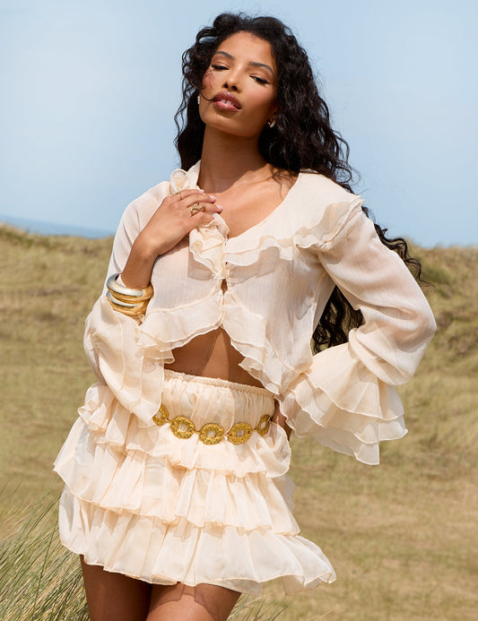 Sheer Ruffled Long Sleeve Crop Top Stone