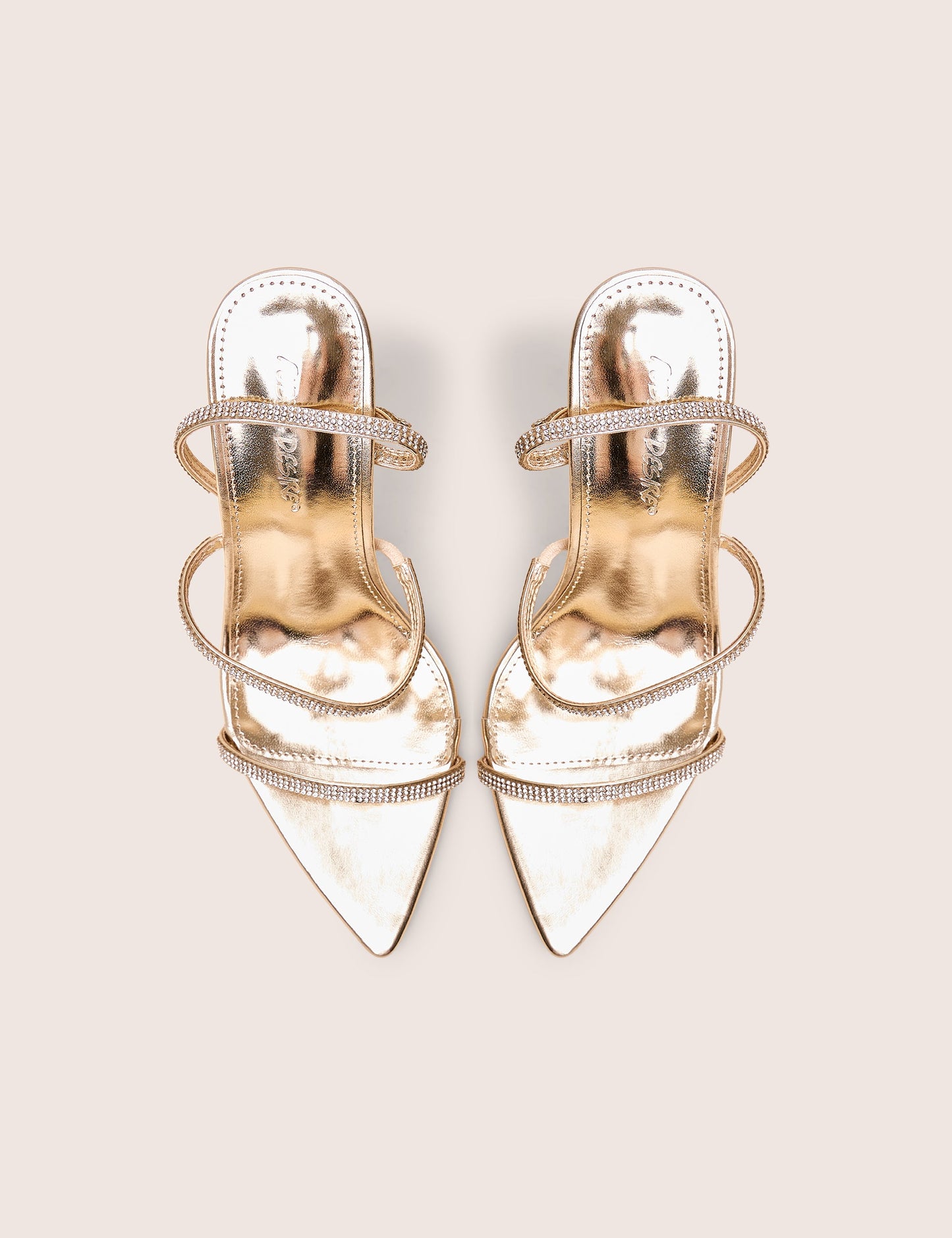 Seductive Gold Mirror Pu Diamante Strap Pointed Toe Stiletto High Heels