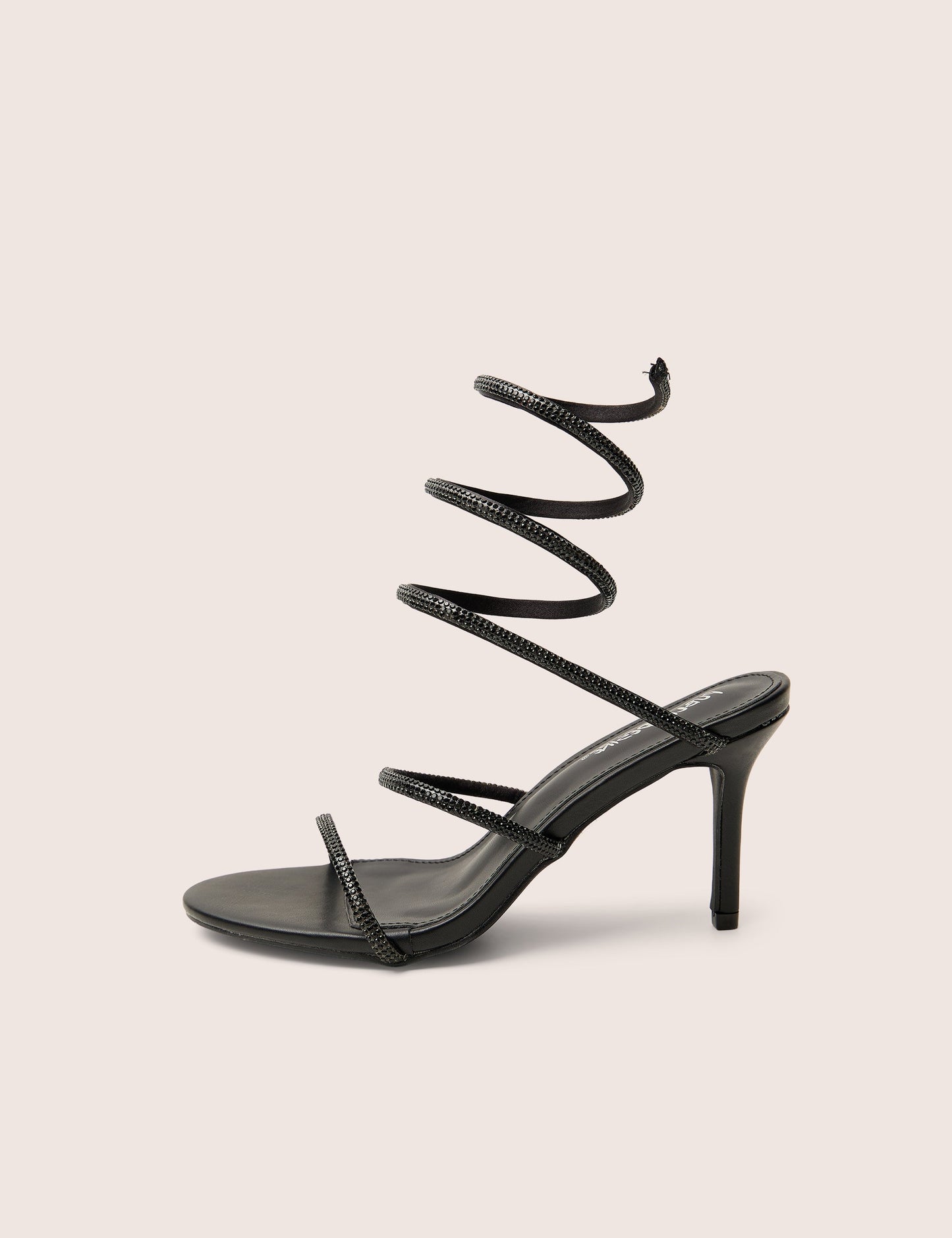 Spiral Black Diamante Wrap Around Ankle Mid Heels