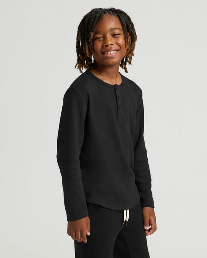Boys' All Black Waffle Long Sleeve Curved Hem Henley 6-Pack