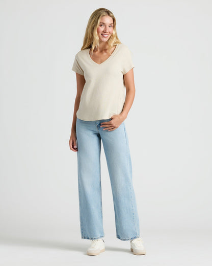 Womens Black & Oatmeal Relaxed Slub V-Neck Tee 2-Pack