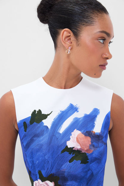 Brushstroke Rose Cobalt Blue Sleeveless Pencil Midi Dress